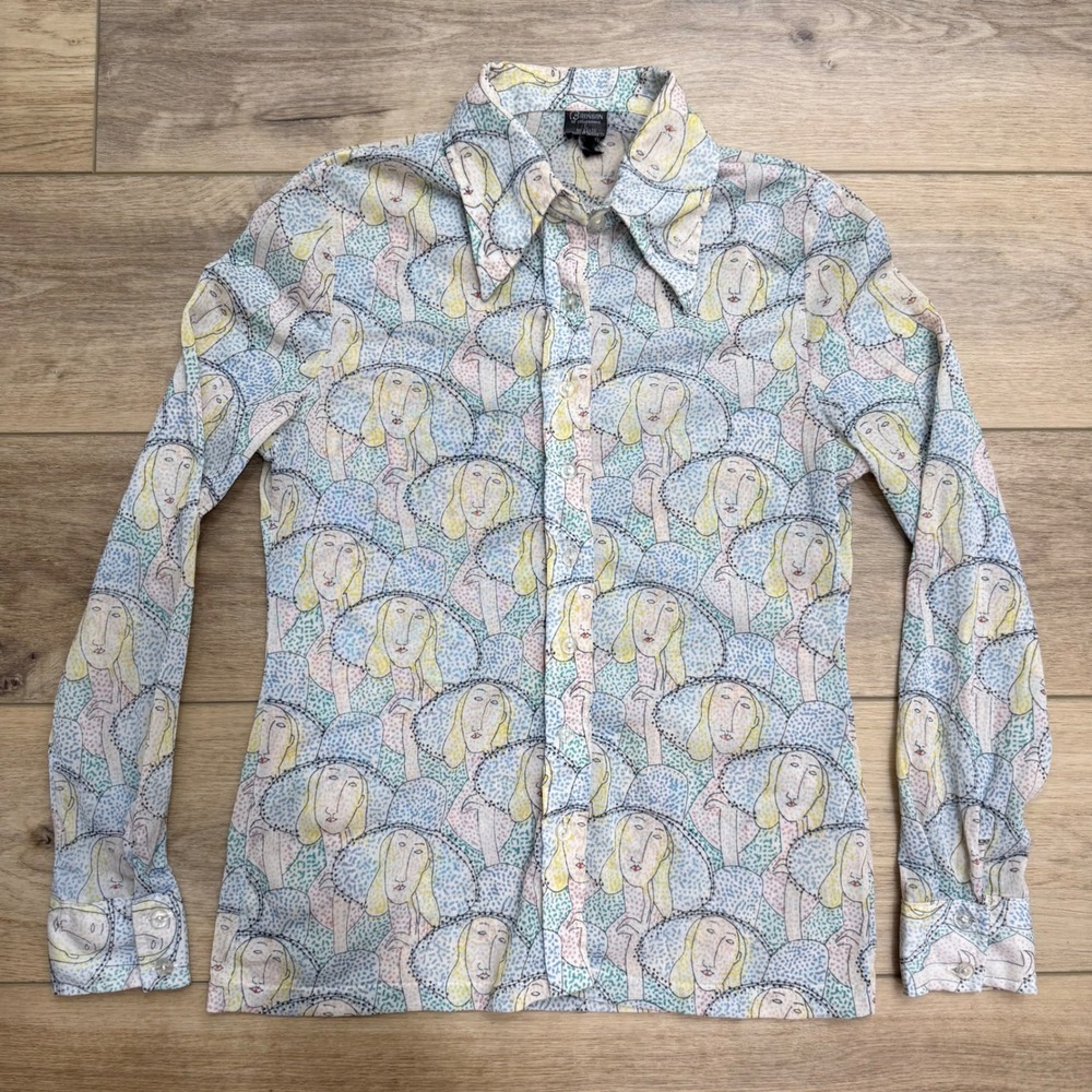 Vintage 70s‎ Bronson of California Women Hat Novelty Print Dagger Collar Shirt L